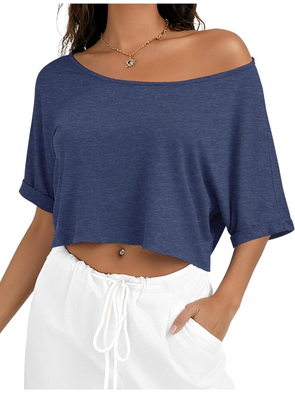 Women's Navy Blue Short Sleeve Off The Shoulder Boat Neck Loose Crop Top